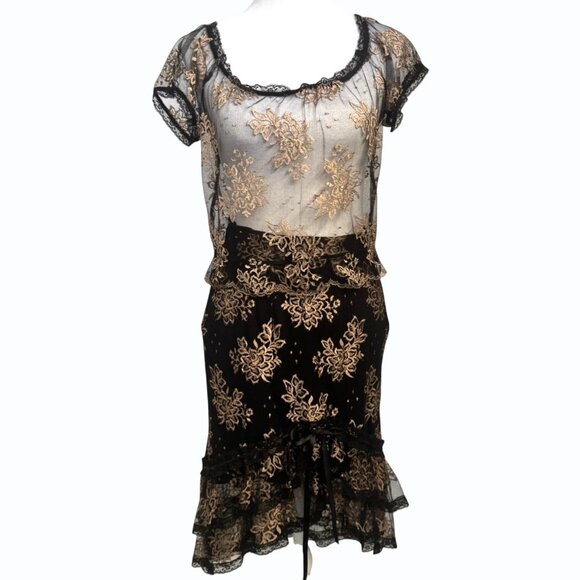 VTG Betsey Johnson NY Lace Skirt Top Set Size 8 Black Gold Sheer Pinup Retro